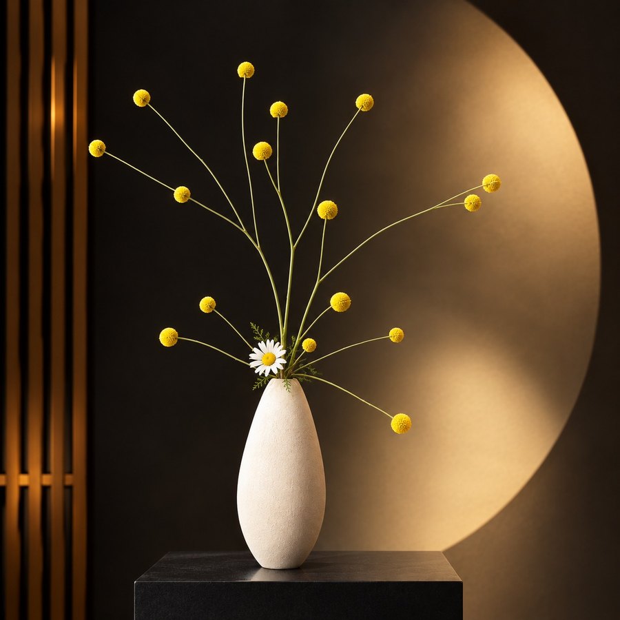Aranjament ikebana cu craspedia galbenă într-un vas alb